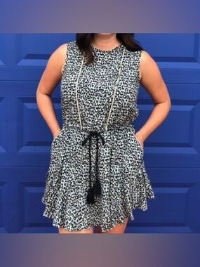 Rachel Roy Sleeveless Black & White Leopard Print Dress with Drawstring Waist